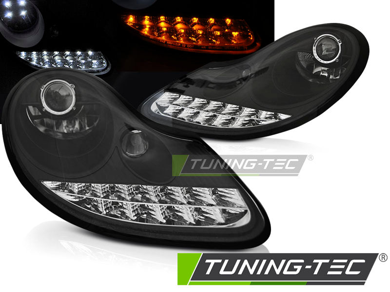 Tuning-Tec LED Tagfahrlicht Scheinwerfer für Porsche Boxster 986 / 911 996 96-04 schwarz mit LED Blinker