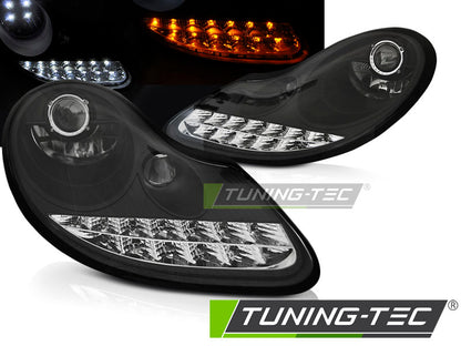 Tuning-Tec LED Tagfahrlicht Scheinwerfer für Porsche Boxster 986 / 911 996 96-04 schwarz mit LED Blinker