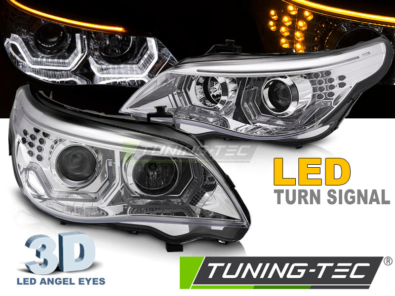Tuning-Tec 3D LED Angel Eyes Scheinwerfer für BMW 5er E60 / E61 03-07 chrom mit LED Blinker