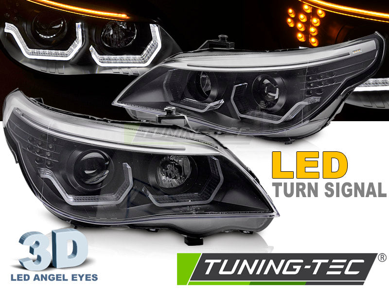 Tuning-Tec 3D LED Angel Eyes Scheinwerfer für BMW 5er E60 / E61 03-07 schwarz mit LED Blinker