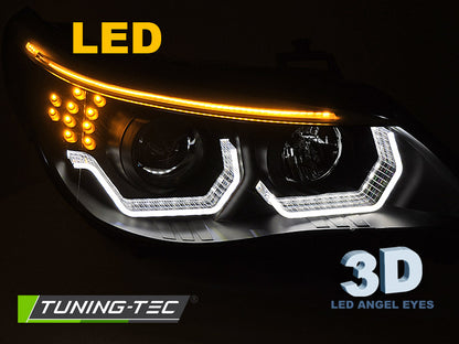 Tuning-Tec 3D LED Angel Eyes Scheinwerfer für BMW 5er E60 / E61 03-07 schwarz mit LED Blinker