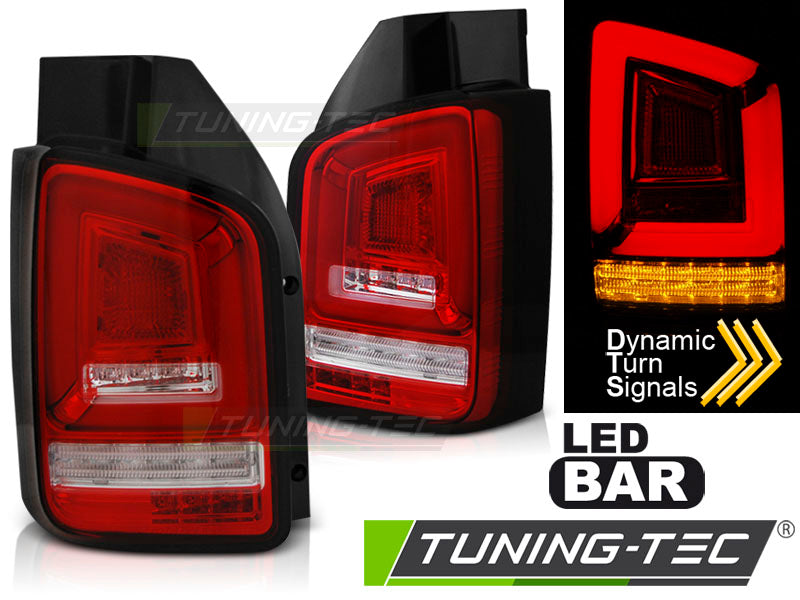 Tuning-Tec Voll LED Lightbar Rückleuchten für VW T5 03-09 rot/klar mit dynamischem Blinker (Heckklappe/Flügeltürer)