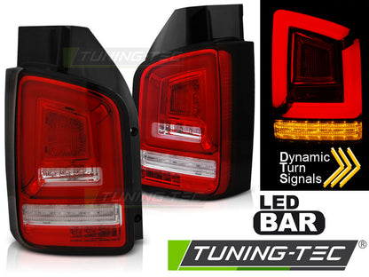 Tuning-Tec Voll LED Lightbar Rückleuchten für VW T5 03-09 rot/klar mit dynamischem Blinker (Heckklappe/Flügeltürer)