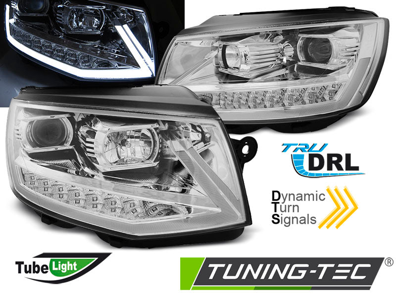 Tuning-Tec LED Tagfahrlicht Scheinwerfer für VW T6 15-19 chrom mit dynamischem Blinker