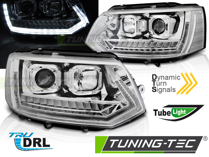 Tuning-Tec LED Tagfahrlicht Scheinwerfer für VW T5 GP (Facelift) 10-15 chrom mit dynamischem LED Blinker