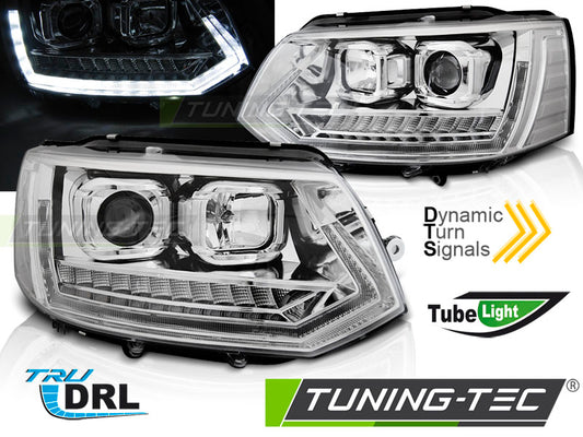 Tuning-Tec LED Tagfahrlicht Scheinwerfer für VW T5 GP (Facelift) 10-15 chrom mit dynamischem LED Blinker