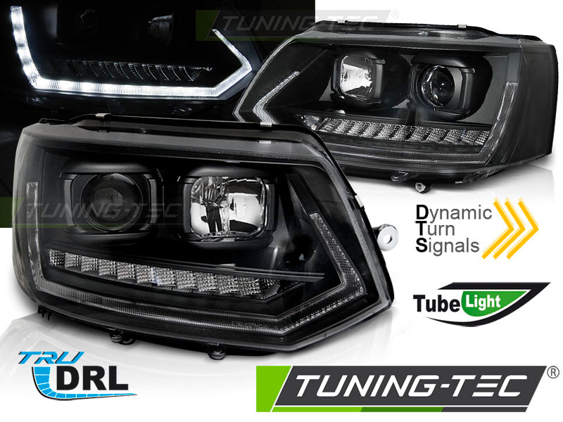 Tuning-Tec LED Tagfahrlicht Scheinwerfer für VW T5 GP (Facelift) 10-15 schwarz mit dynamischem LED Blinker