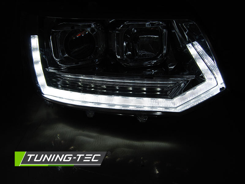 Tuning-Tec LED Tagfahrlicht Scheinwerfer für VW T5 GP (Facelift) 10-15 chrom im T6 Look mit dynamischem LED Blinker