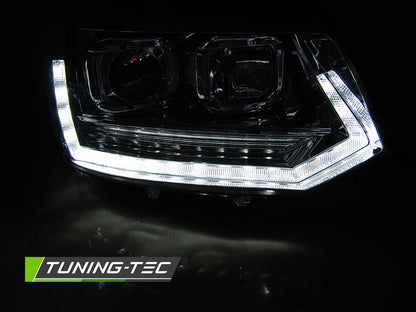 Tuning-Tec LED Tagfahrlicht Scheinwerfer für VW T5 GP (Facelift) 10-15 chrom im T6 Look mit dynamischem LED Blinker