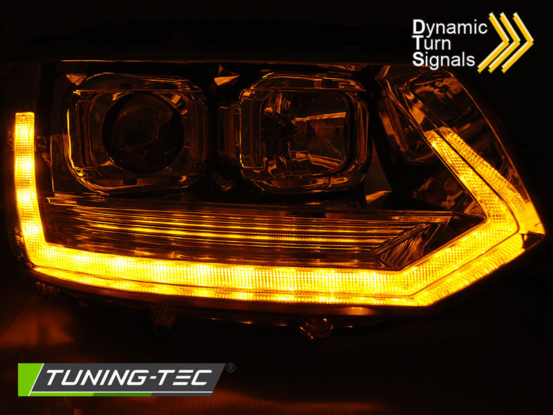 Tuning-Tec LED Tagfahrlicht Scheinwerfer für VW T5 GP (Facelift) 10-15 chrom im T6 Look mit dynamischem LED Blinker