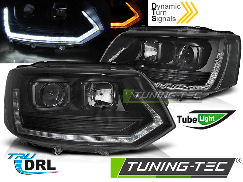 Tuning-Tec LED Tagfahrlicht Scheinwerfer für VW T5 GP (Facelift) 10-15 schwarz im T6 mit dynamischem LED Blinker