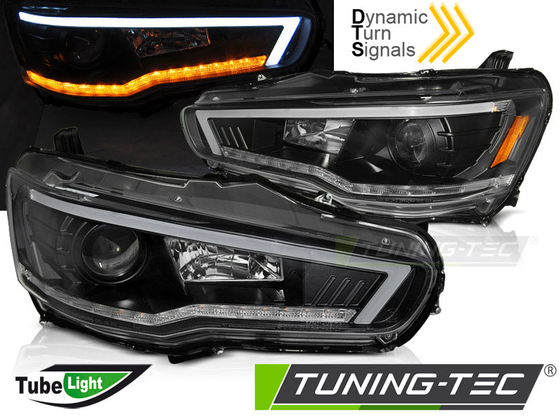 Tuning-Tec LED Tagfahrlicht Scheinwerfer für Mitsubishi Lancer VIII 08-16 schwarz mit dynamischem LED Blinker