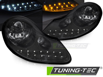 Tuning-Tec LED Tagfahrlicht Scheinwerfer für Porsche Boxster 986 / 911 996 96-04 Hochglanzschwarz