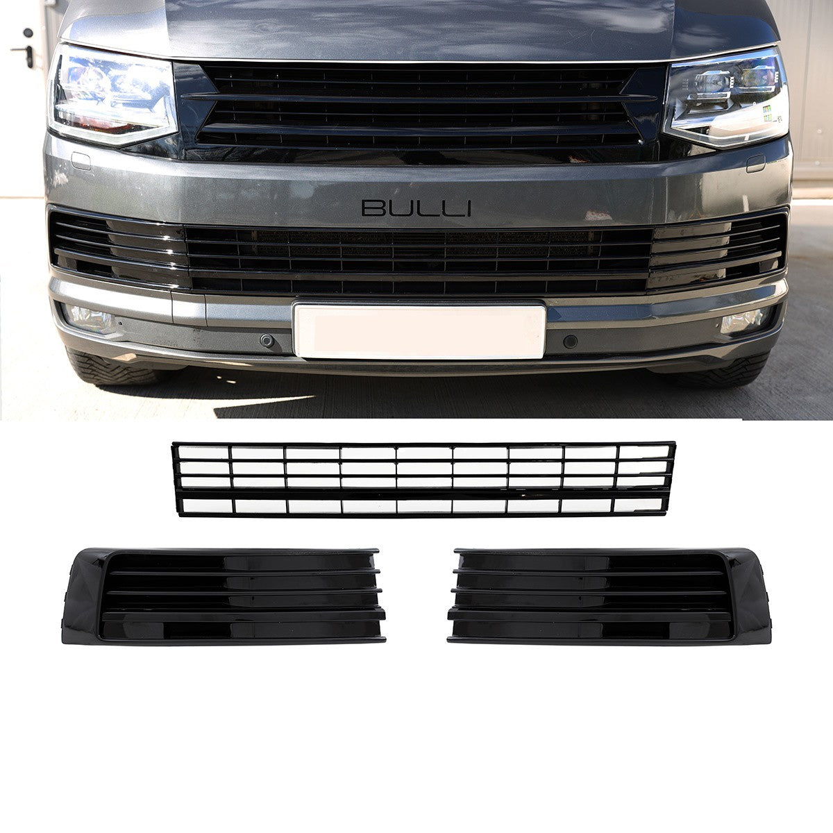 Frontstoßstangen Gitter Set Hochglanz Schwarz passend für VW Transporter T6 2015-2020