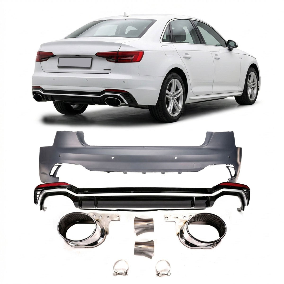 Heckstoßstange mit PDC & Diffusor passend für Audi A4 B9 8W Limousine 2015-2019