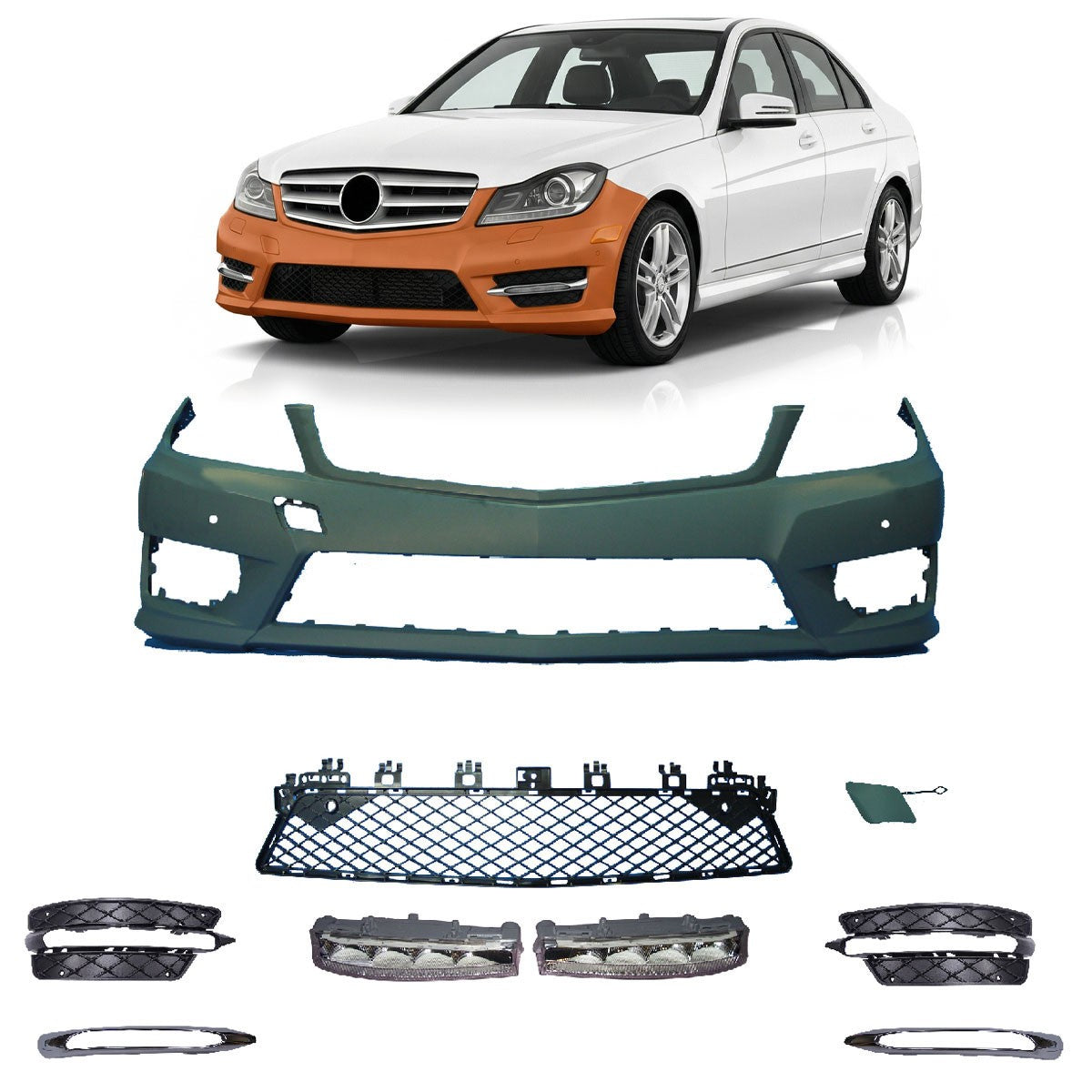 Sport Frontstoßstange mit LED Tagfahrlicht und PDC passend für Mercedes C-Klasse 2007-2015