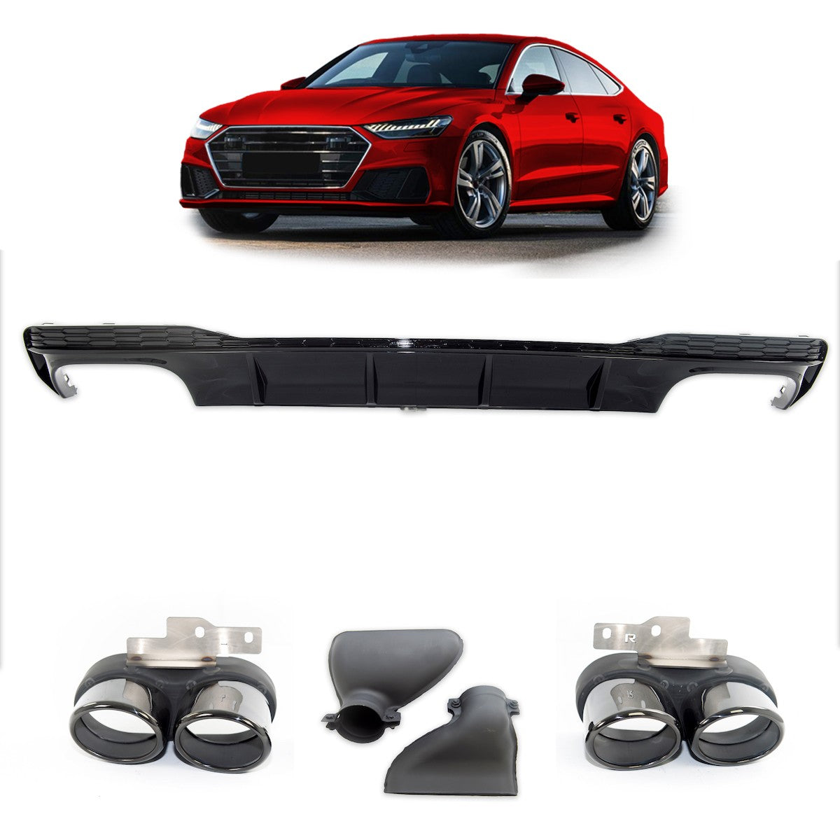 Heckdiffusor Schwarz mit Auspuffendrohren passend für Audi A7 4K Sportback 2018-2024
