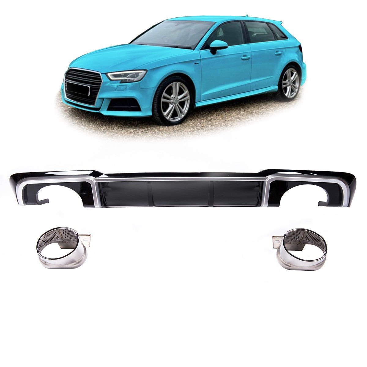 Heckstoßstange Diffusor Silber Hochglanz Schwarz passend für Audi A3 8V Sportback 2016-2020