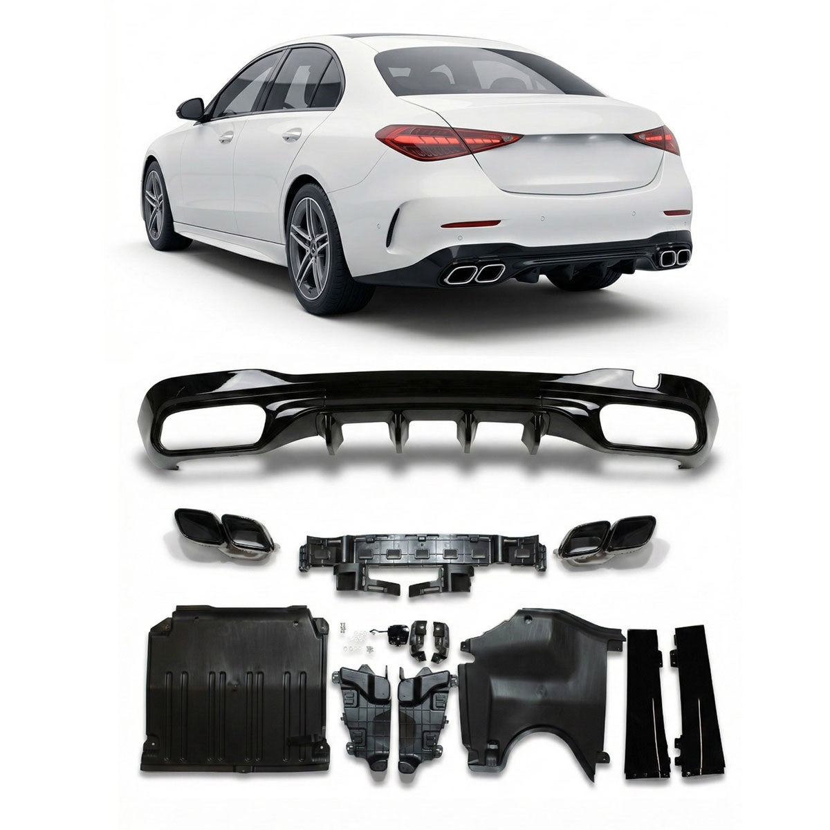 Heckdiffusor mit schwarzen Auspuffendrohren passend für Mercedes C-Klasse W206 S206 2021+