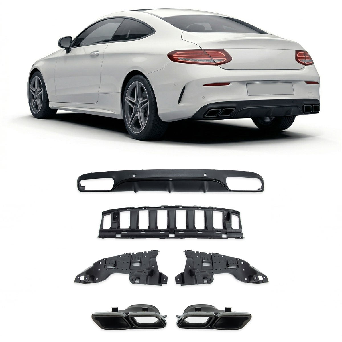 Heckstoßstange Diffusor & schwarze Auspuffendrohre passend für Mercedes C-Klasse C205 2015-2023