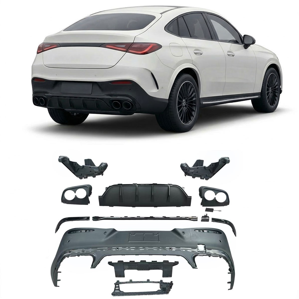 Heckdiffusor mit schwarzen runden Rohren passend für Mercedes GLC Coupe C254 2023+