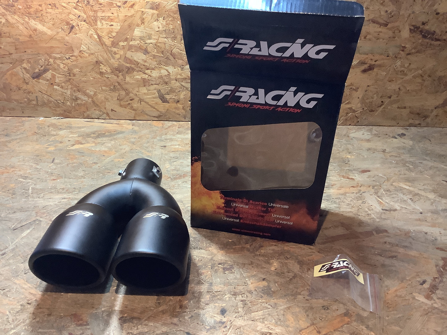 Simoni Racing Auspuffzierstück Doppel Rund Edelstahl - Schwarz - Ø90xL240mm - Anschluß ->34-57mm