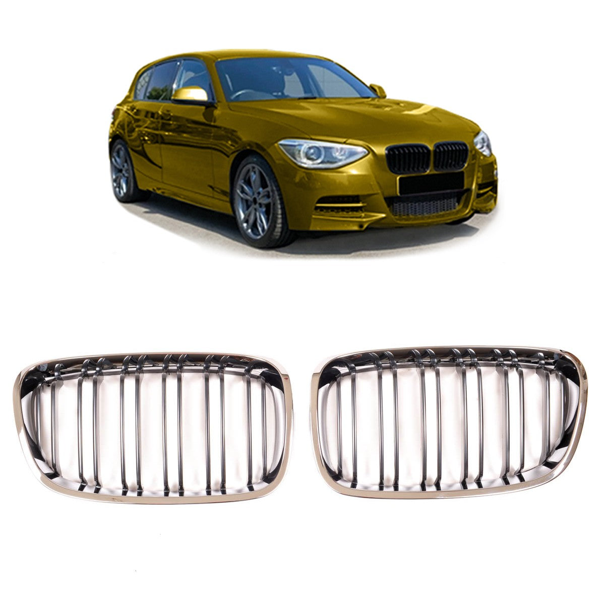 Kühlergrill Doppelstreifen Chrom & Schwarz passend für BMW 1er F20 F21 2011-2015