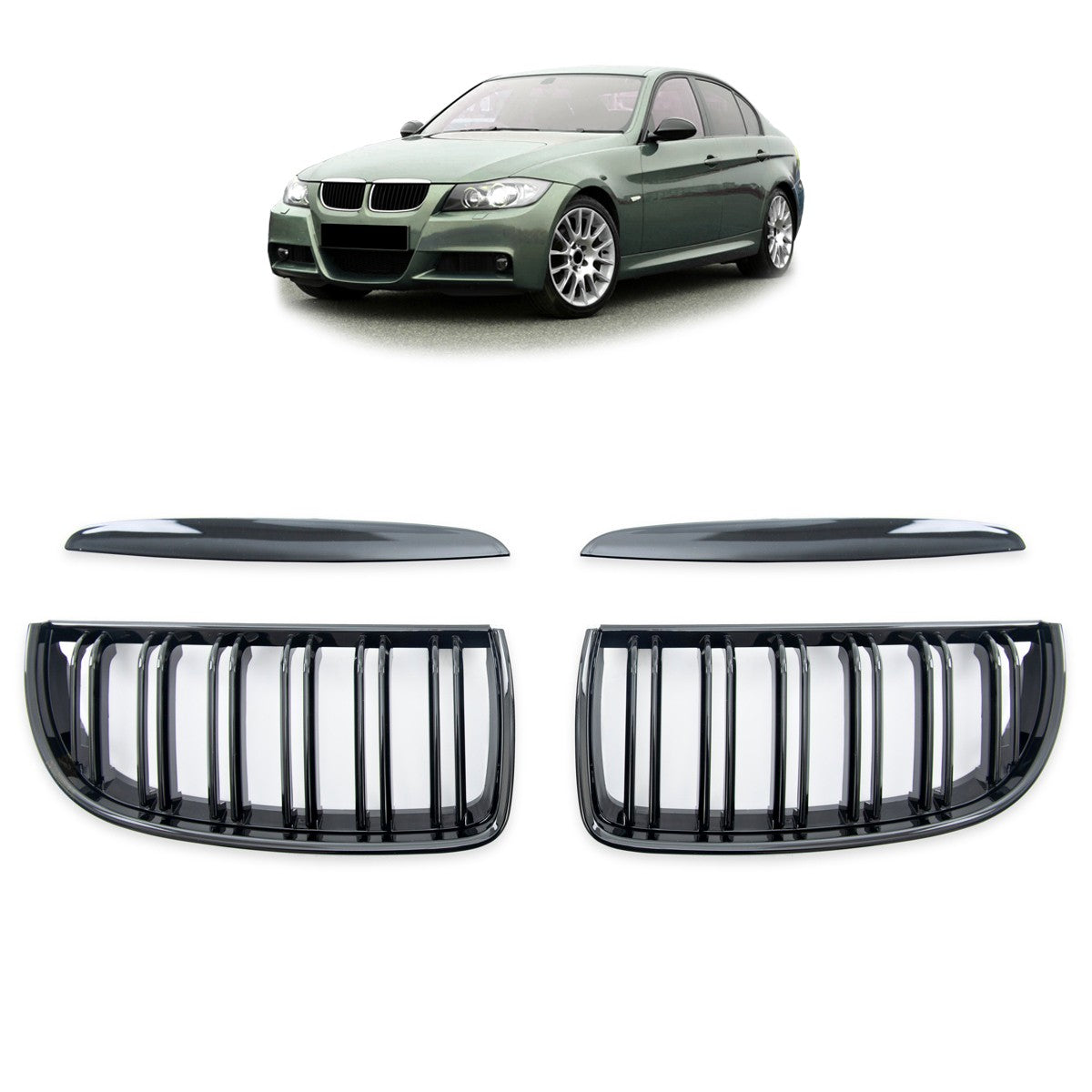 Frontgrill Hochglanz Schwarz Doppel-Linie passend für BMW 3er E90 E91 2005-2008