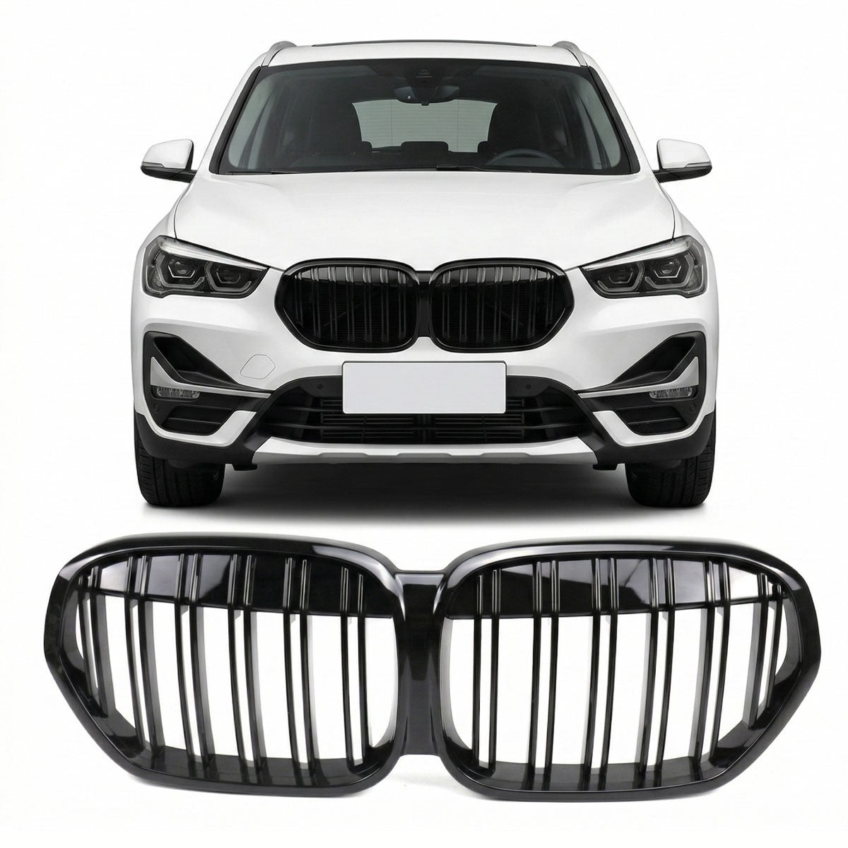 Passend für BMW X1 F48 LCI 2019-2022 Hochglanz Schwarz Doppel-Linie Kühlergrill