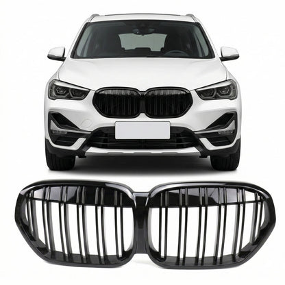 Passend für BMW X1 F48 LCI 2019-2022 Hochglanz Schwarz Doppel-Linie Kühlergrill
