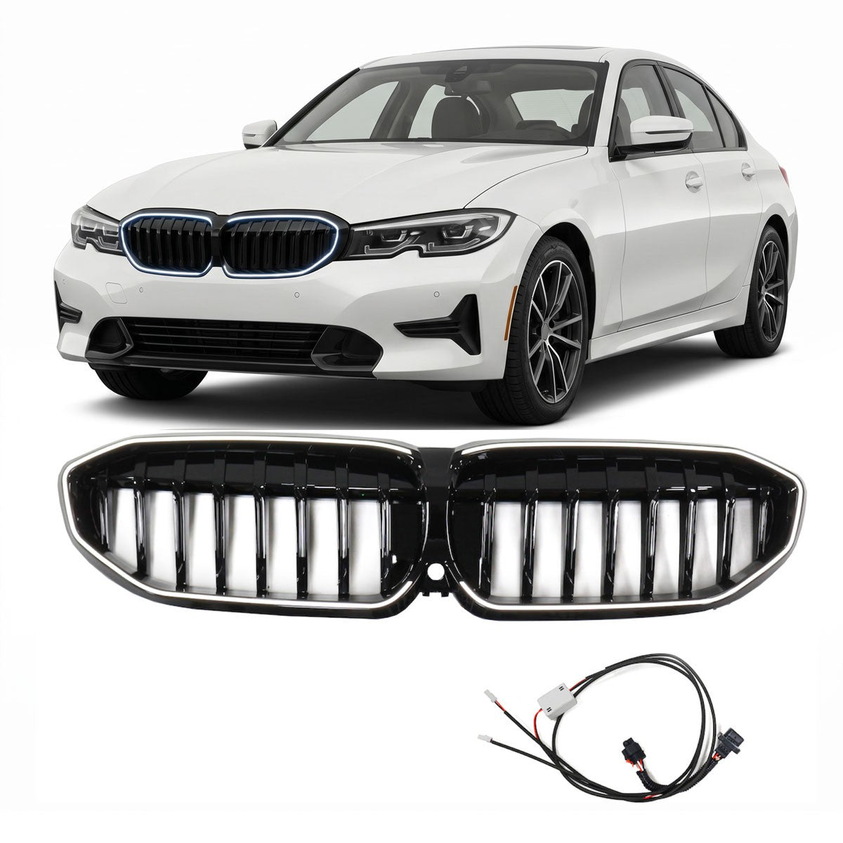 LED Einzelstreben Hochglanz Schwarz Grill passend für BMW 3er G20 2019-2022