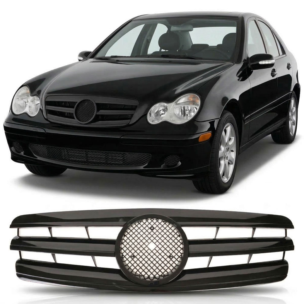 Hochglanz Schwarz Frontgrill passend für Mercedes C-Klasse W203 2000-2007