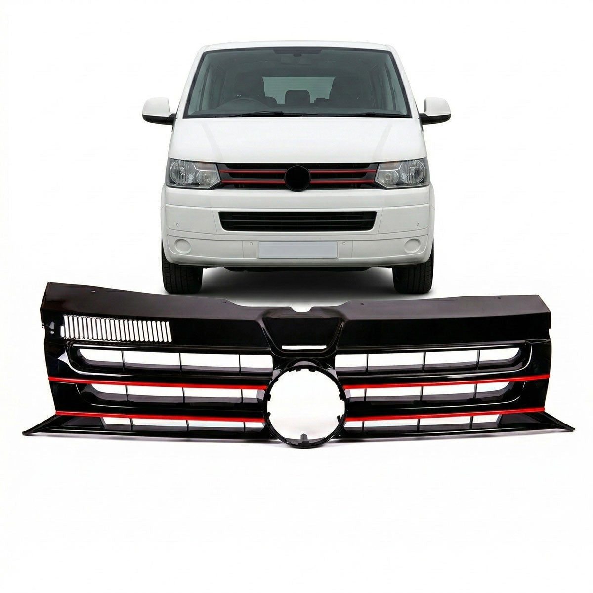 Badgefreier Frontgrill mit rotem Streifen passend für VW Transporter Multivan T5 09-15