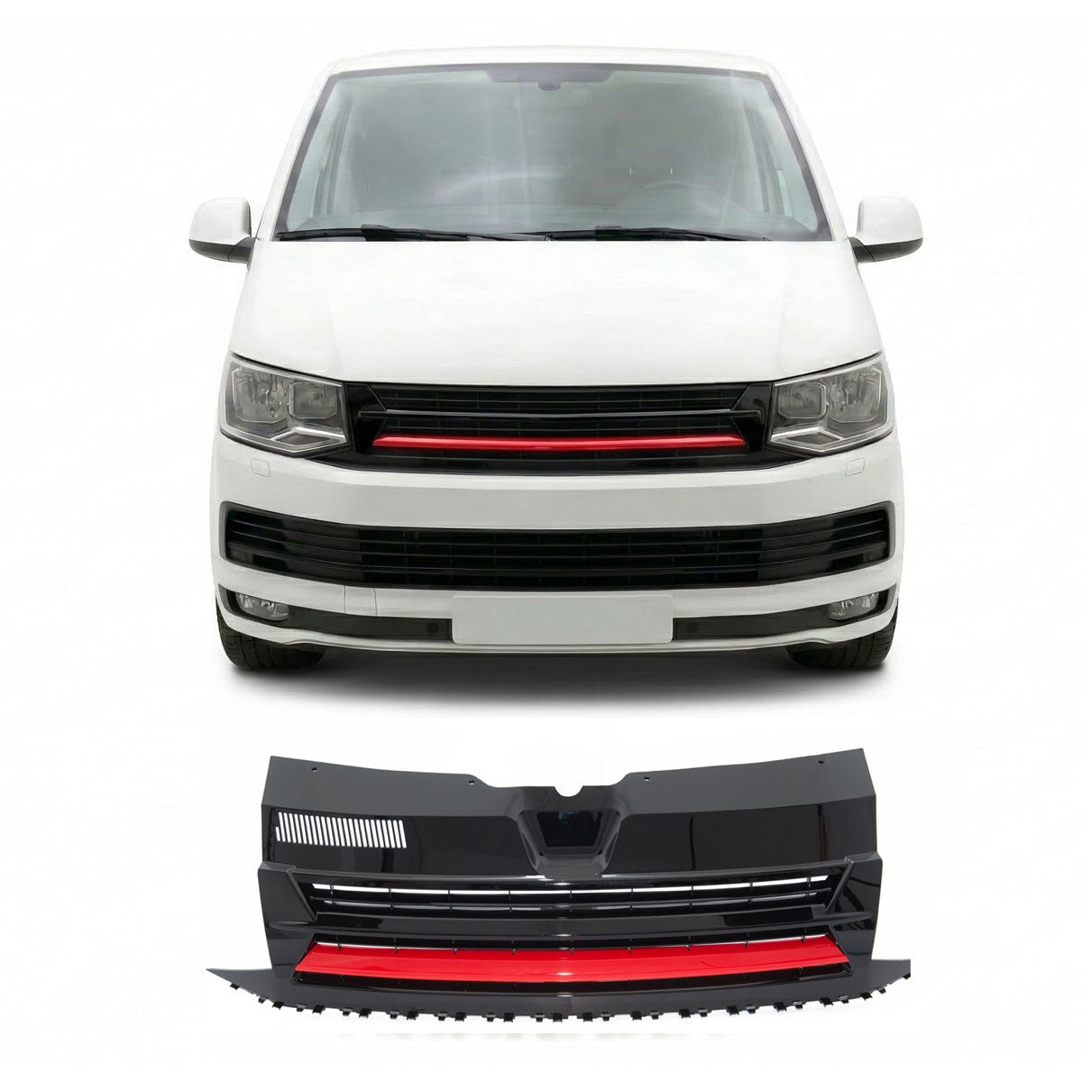 Badgeless Hochglanz Schwarz Grill mit rotem Streifen passend für VW Transporter T6 2015-2019