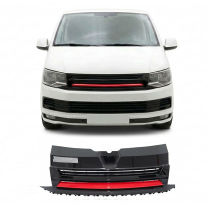 Badgeless Hochglanz Schwarz Grill mit rotem Streifen passend für VW Transporter T6 2015-2019