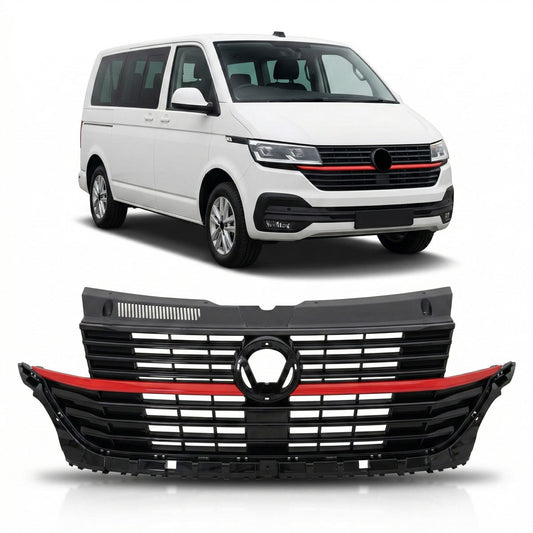 Kühlergrill Hochglanz Schwarz mit roten Akzenten passend für VW Transporter T6.1 2019-2024