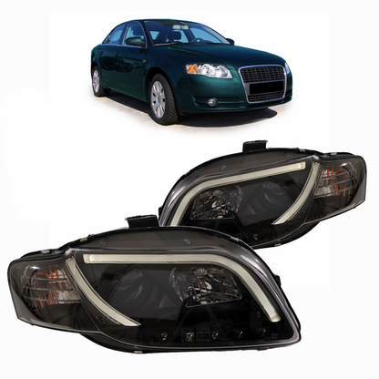 Scheinwerfer Halogen Schwarz mit Tagfahrlicht passend für AUDI A4 B7 (8E) Limousine Avant und AUDI A4 B7 (8H) Cabrio 2005-...