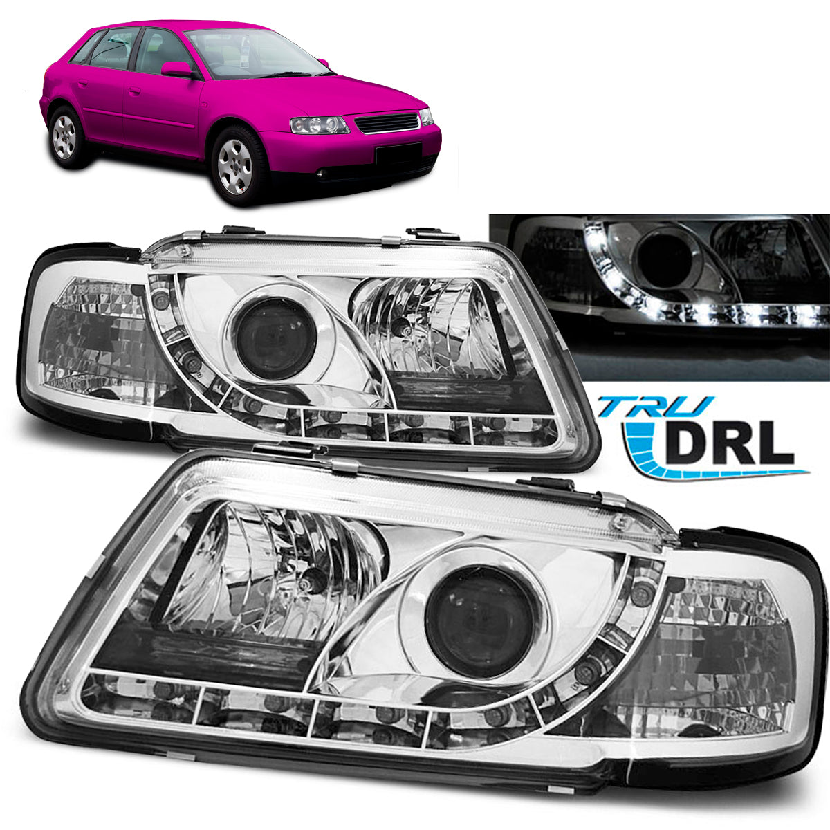 Scheinwerfer True DRL Chrom passend für Audi A3 8L 08.96-08.00
