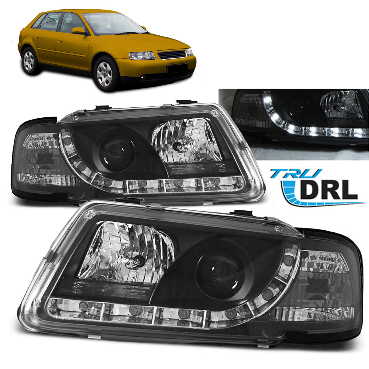 Scheinwerfer True DRL Schwarz passend für Audi A3 8L 08.96-08.00