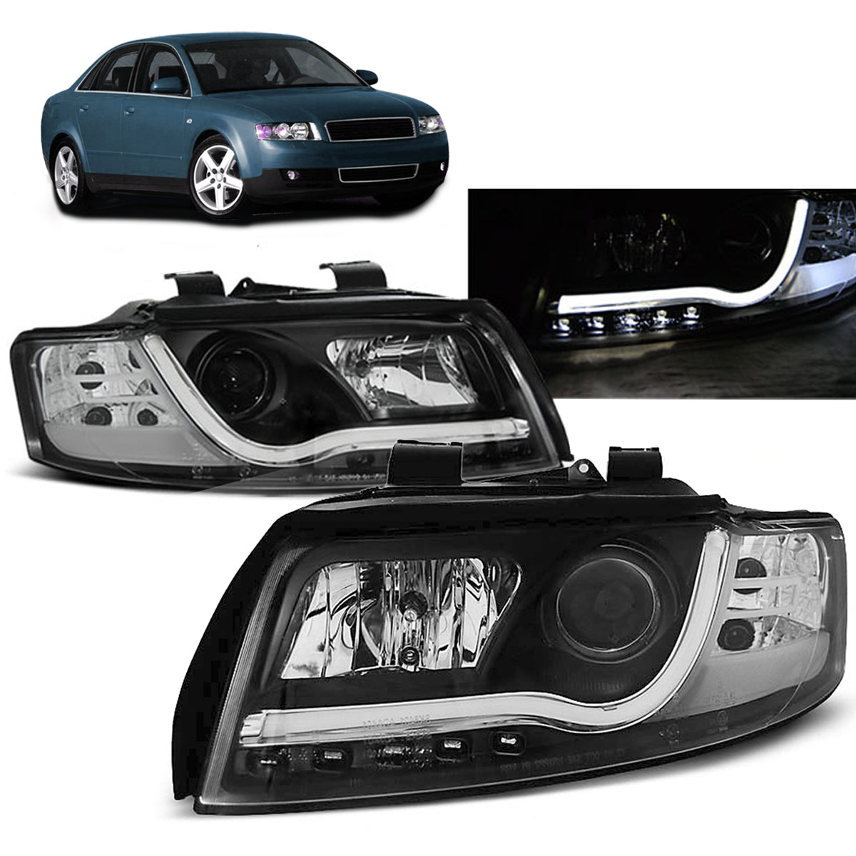 Scheinwerfer Röhrenlicht Schwarz passend für Audi A4 10.00-10.04