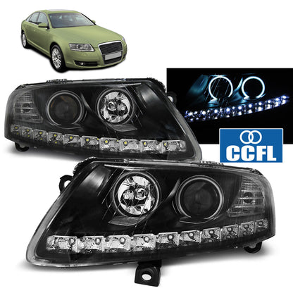 Scheinwerfer Angel Eyes LED Schwarz passend für Audi A6 C6 04.04-08