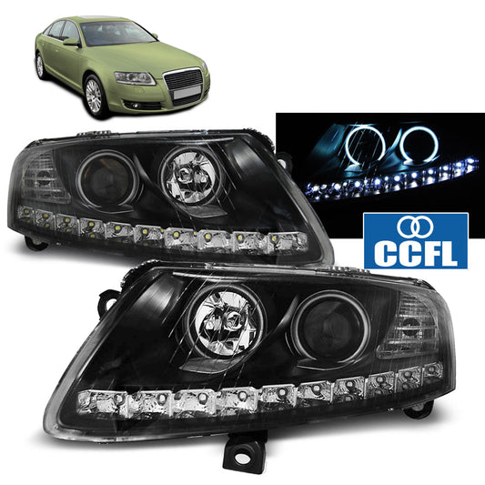 Scheinwerfer Angel Eyes LED Schwarz passend für Audi A6 C6 04.04-08