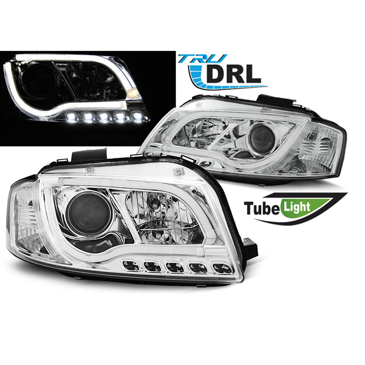 Scheinwerfer Tube Light DRL Chrom passend für Audi A3 8P 05.03-03.08