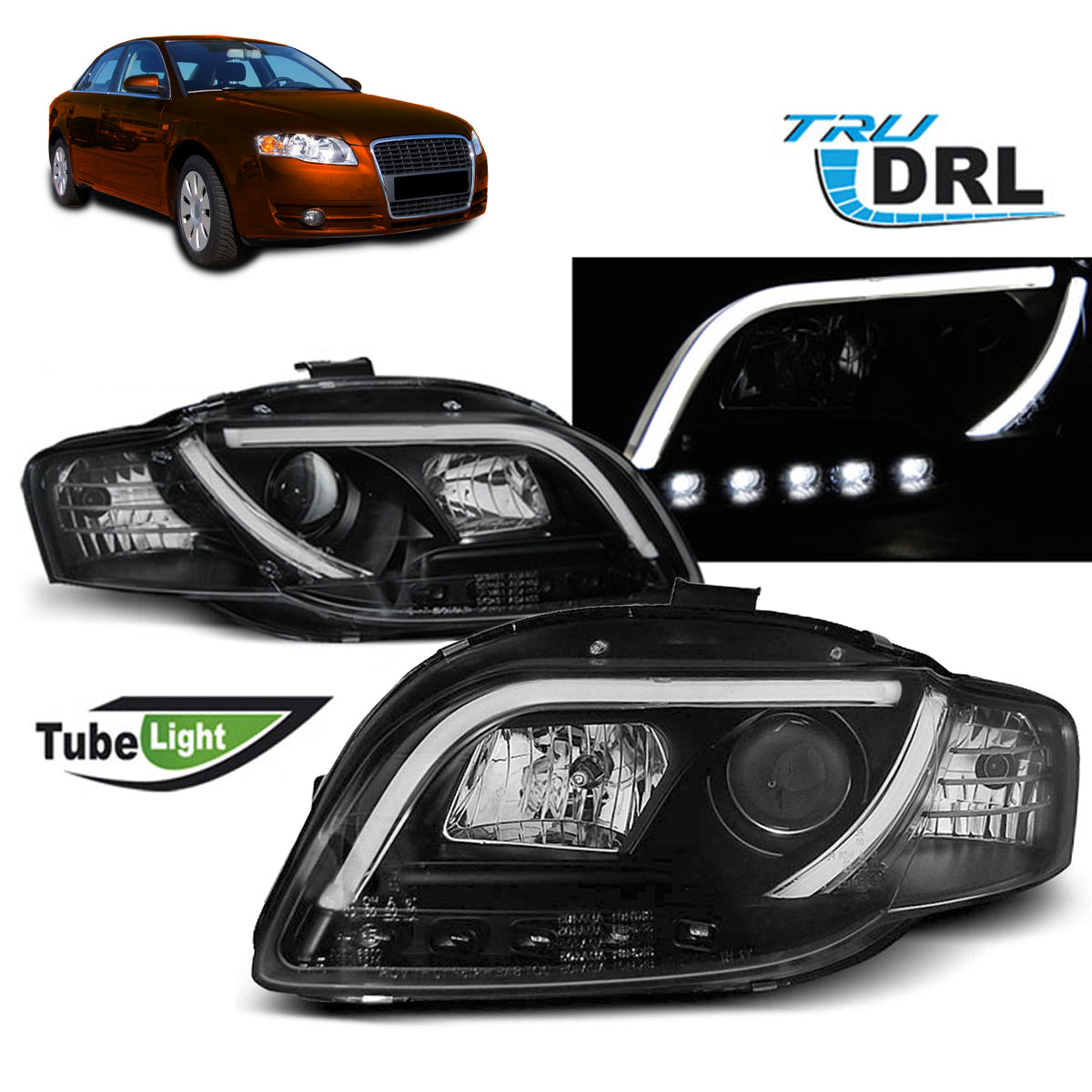 Scheinwerfer Tube Light DRL Schwarz passend für Audi A4 B7 11.04-03.08