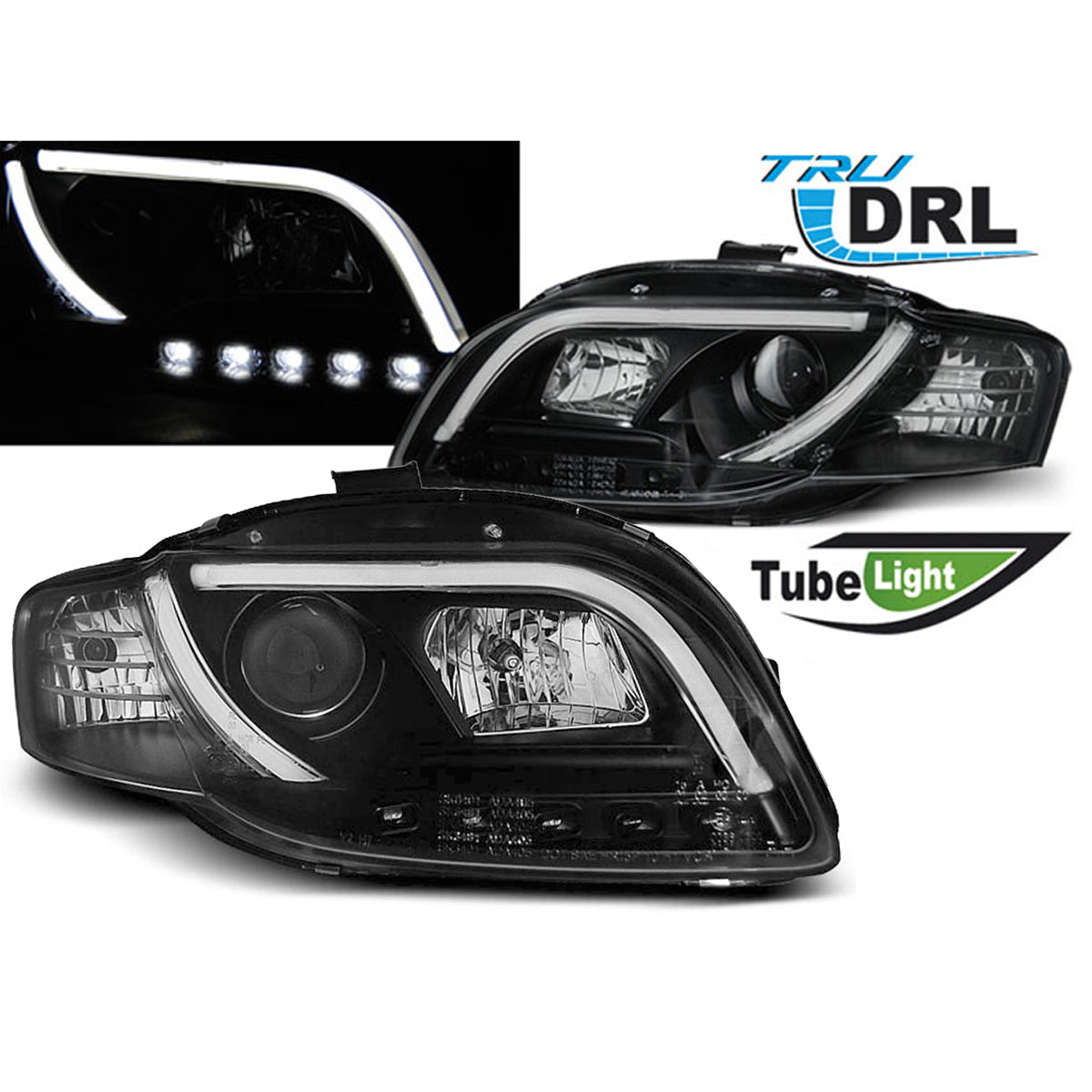 Scheinwerfer Tube Light DRL Schwarz passend für Audi A4 B7 11.04-03.08