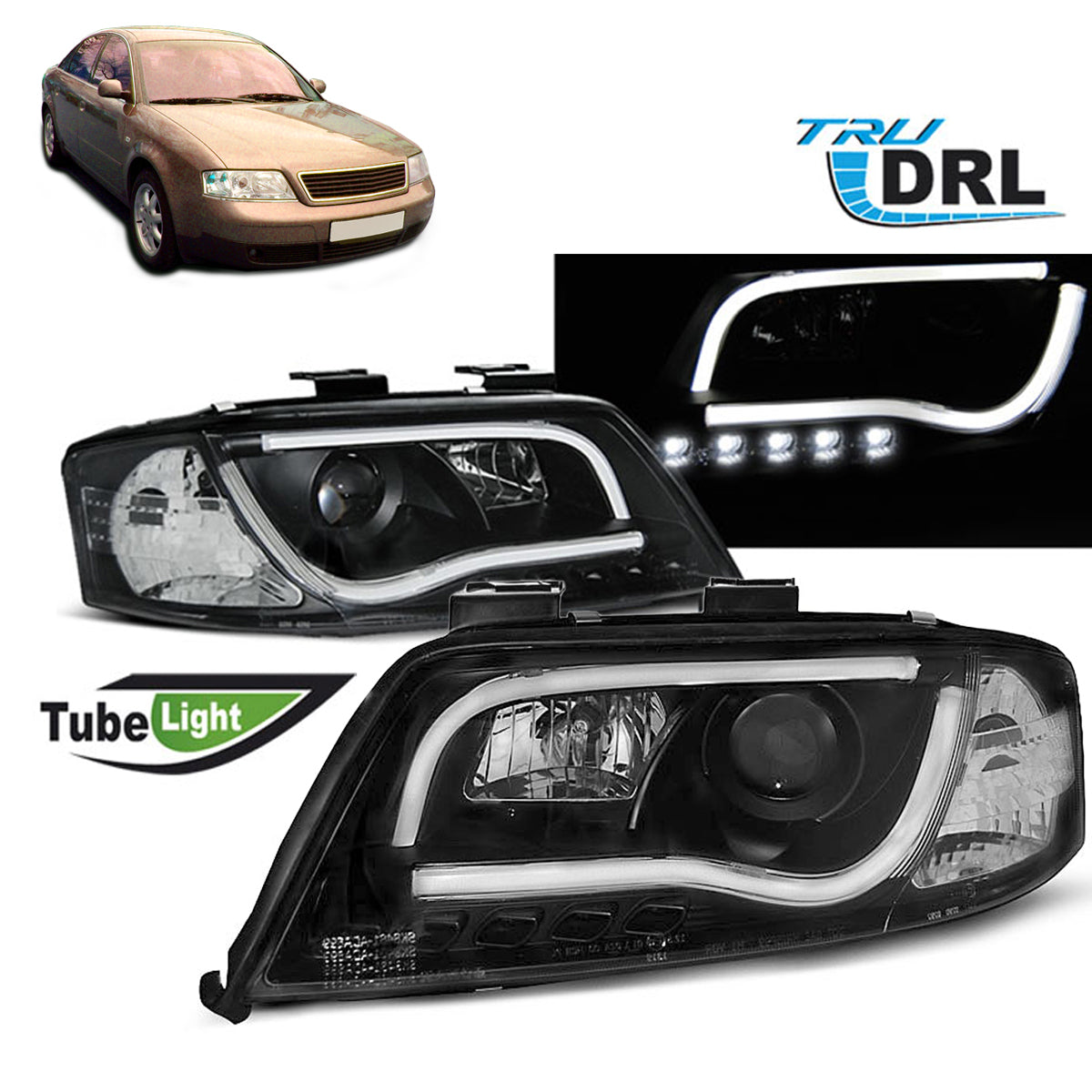 Scheinwerfer Tube Light DRL Schwarz passend für Audi A6 05.97-05.01