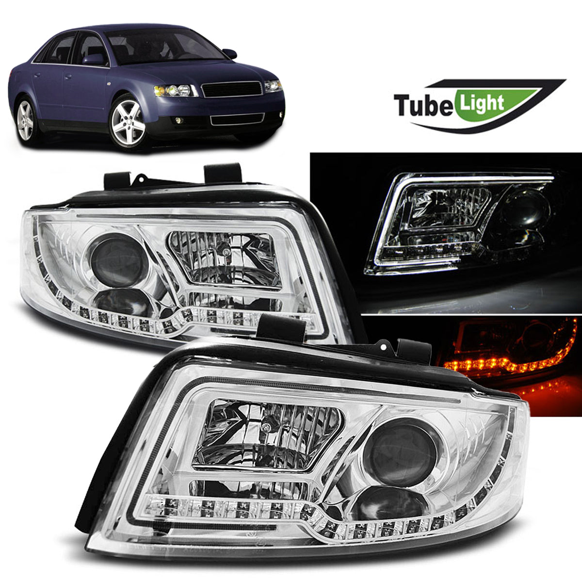 Scheinwerfer Tube Light Chrom passend für Audi A4 10.00-10.04