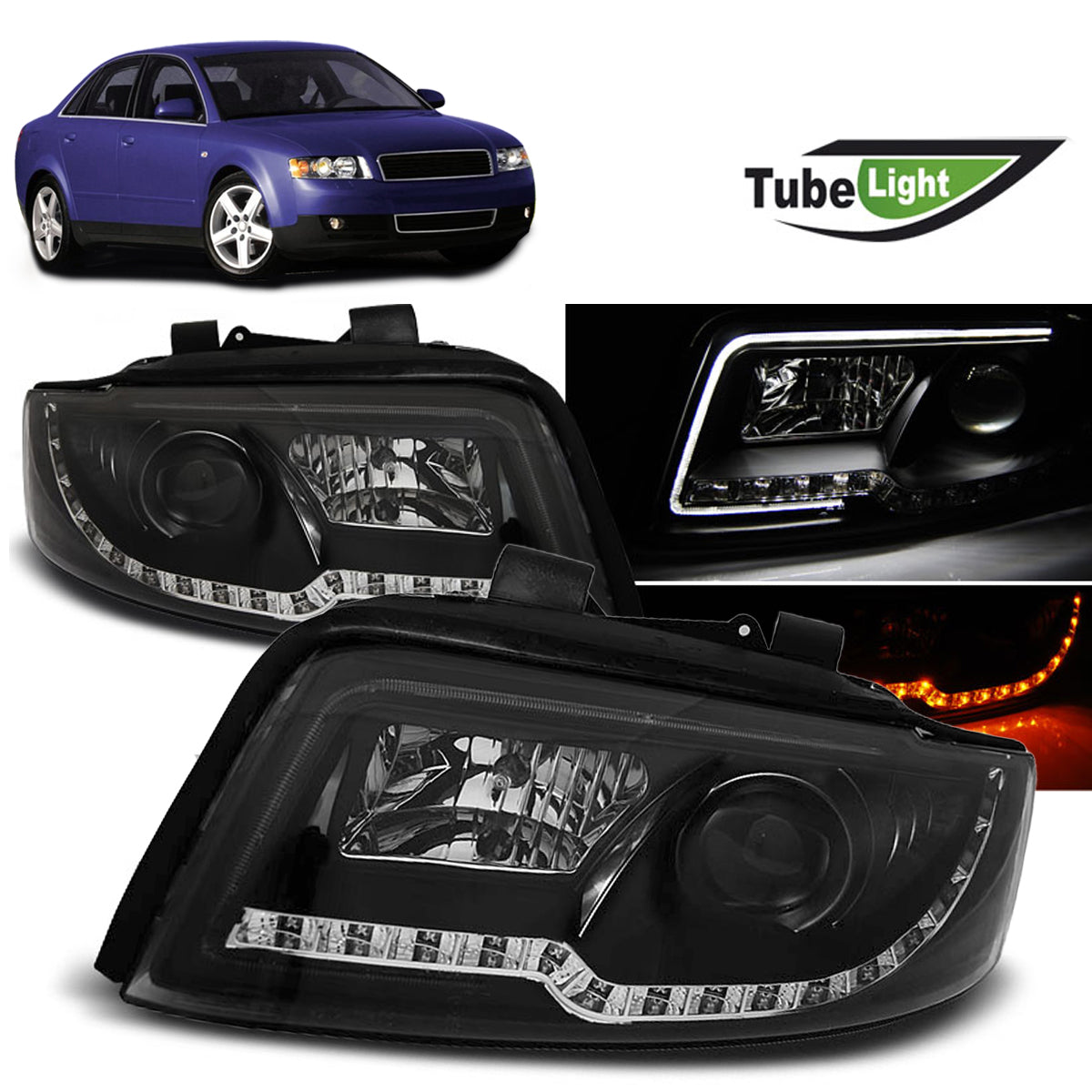 Scheinwerfer Tube Light Schwarz passend für Audi A4 10.00-10.04