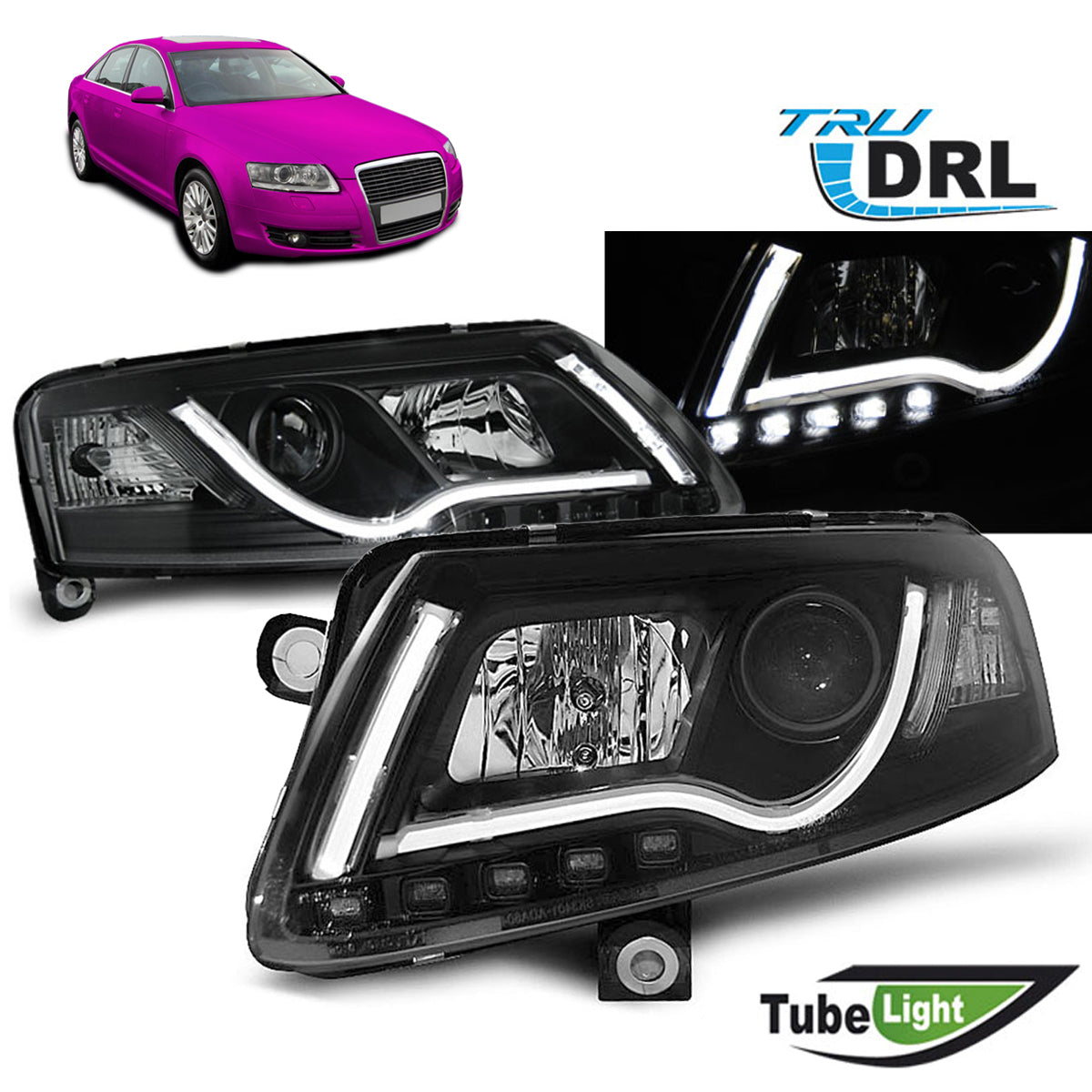 Scheinwerfer Tube Light DRL Schwarz passend für Audi A6 C6 04.04-08