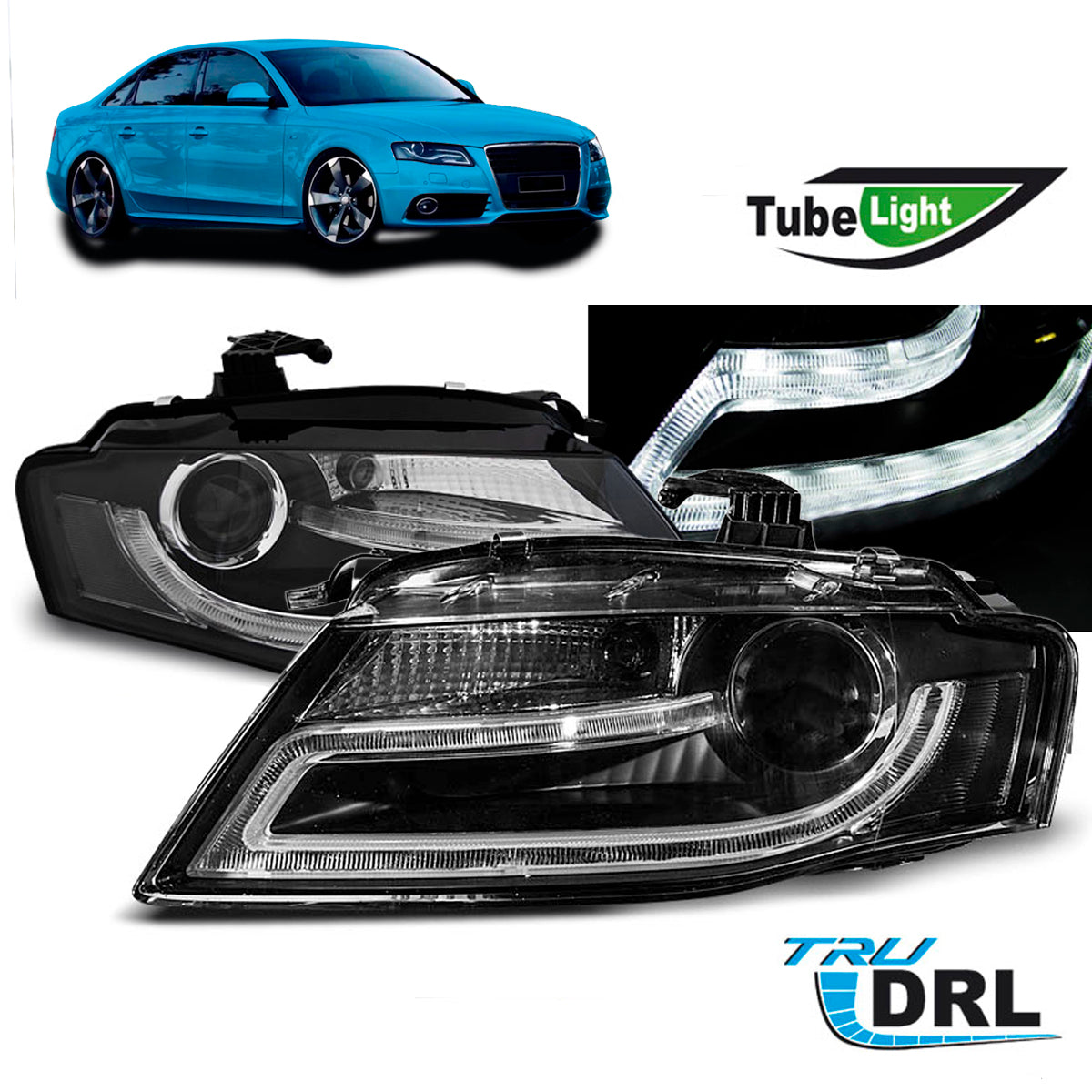 Scheinwerfer True DRL Schwarz passend für Audi A4 B8 04.08-11
